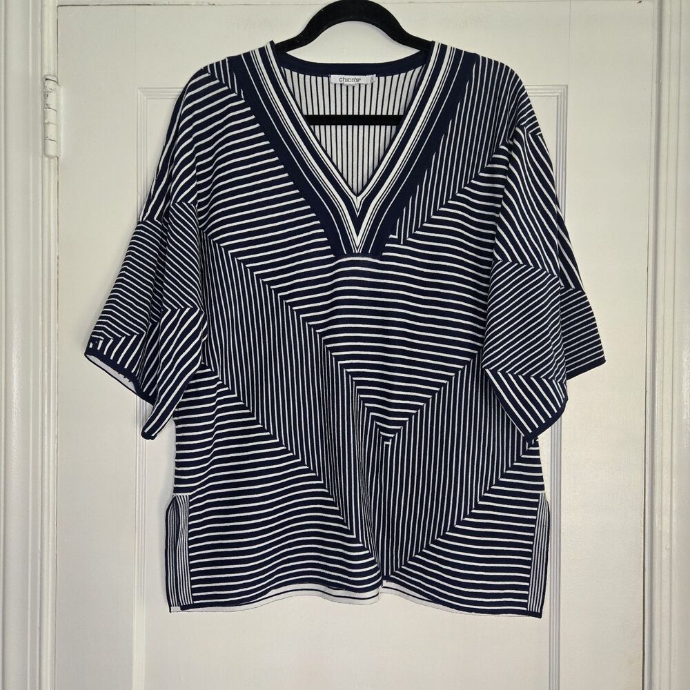 Chicos Striped Knit Sweater Womens L Navy White V Neck Short Sleeve